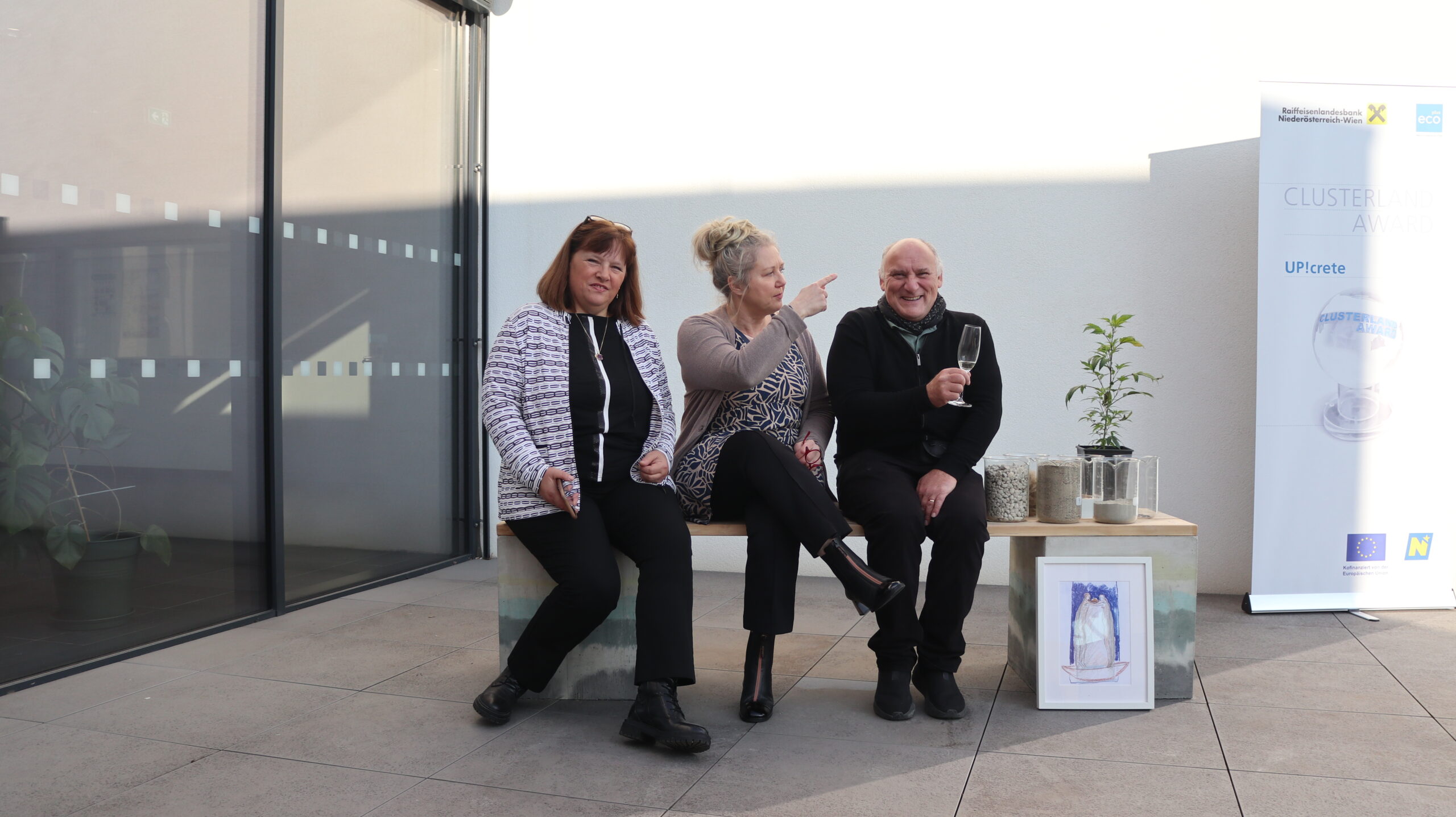 Prof. Merta, Prof. Kocica and Dr. Ducman sitting on a bench